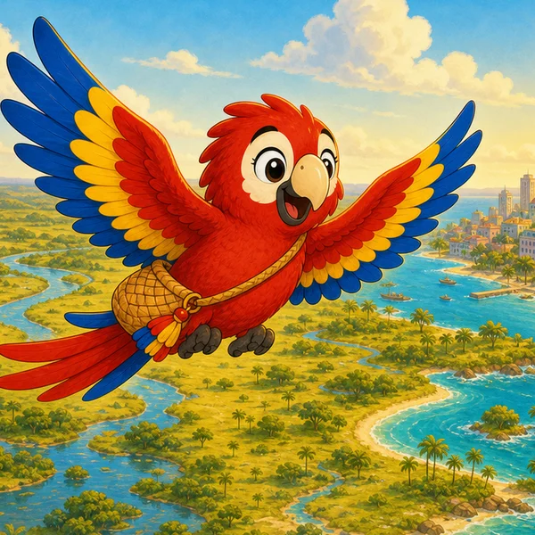 Maya la Guacamaya flying with her woven morral