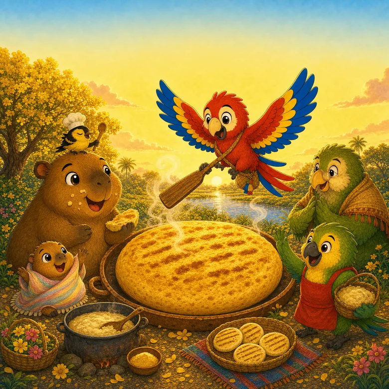 Cover of La Arepa Gigante — the whole familia gathers around the biggest golden arepa ever made