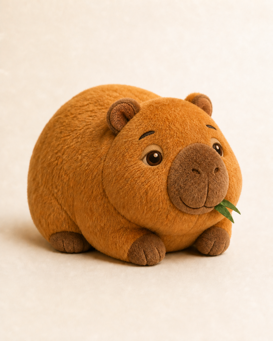 Chiwy plush toy — a round, sleepy capybara plushie chewing a sprig of grass